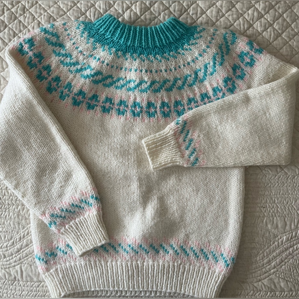 Hand Knit Cream, Pink and Teal Fair Isle Sweater VINTAGE